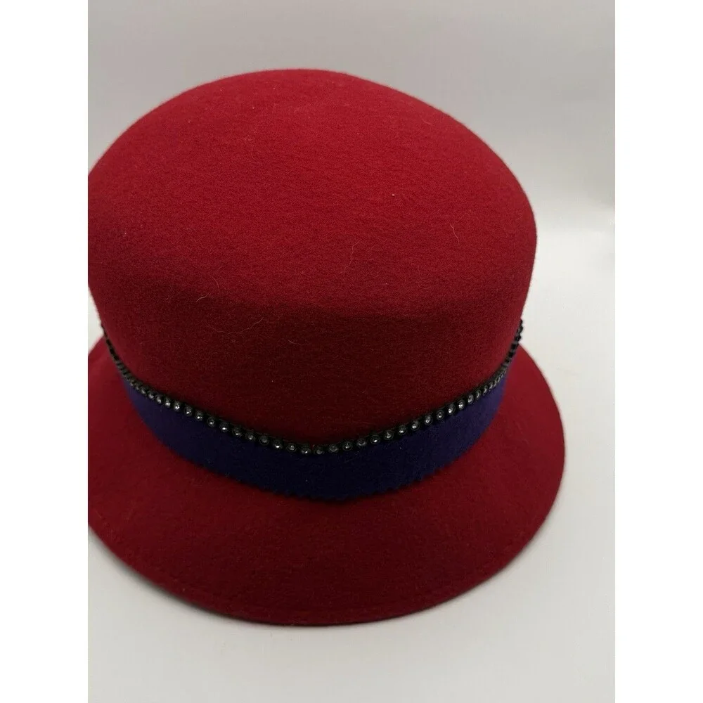 Vintage Red Felt Cloche Hat Womens Navy Ribbon Studded Bow Winter Retro